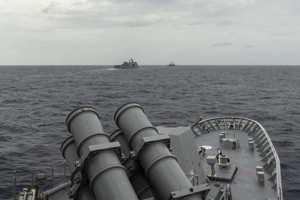 HMAS Toowoomba during an exercise with the Philippine Navy's BRP Gregorio Del Pilar, left, and BRP Davao Del Sur, right, in November 2023 (Defence Department)