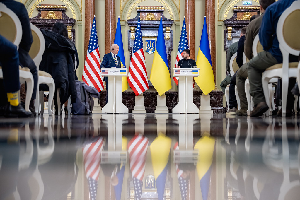 US President Joe Biden delivers a joint statement with Ukrainian President Volodymyr Zelenskyy in February at the Mariyinskyy Palace in Kyiv, Ukraine (Adam Schultz/Official White House Photo)