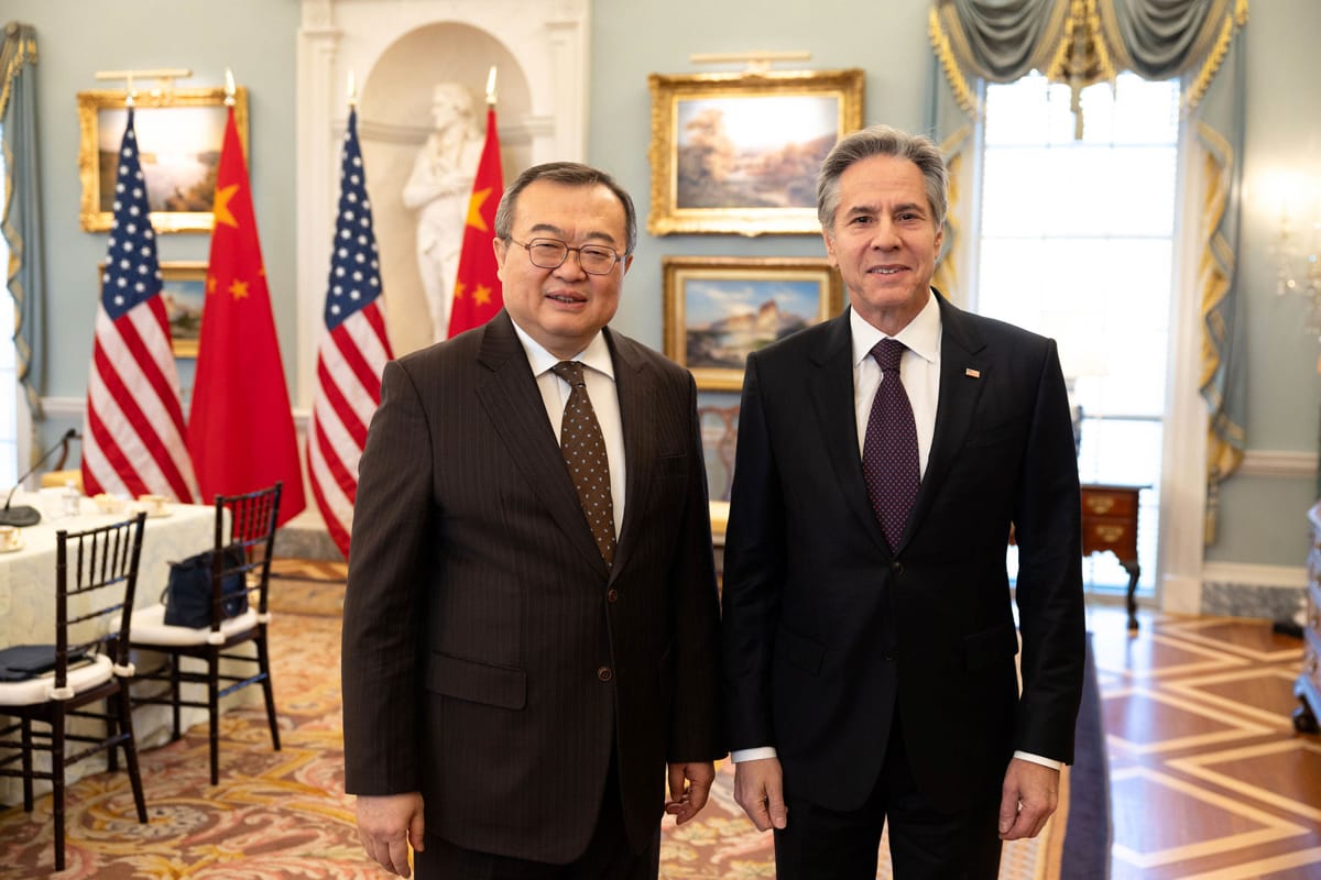 Liu Jianchao, left, with Antony Blinken at the Department of State in Washington, 12 January 2024 (Chuck Kennedy/Official State Department Photo)