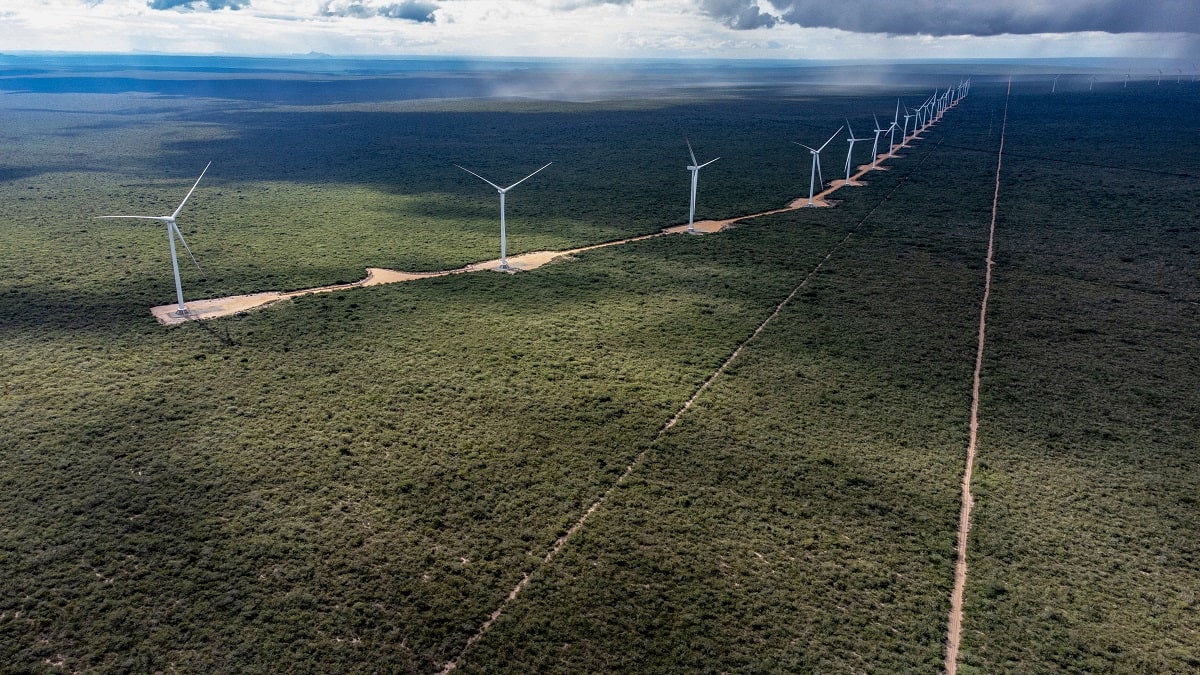 TOPSHOT - Aerial view of the Canudos Wind Energy Complex, in Canudos, Bahia state, Brazil, taken on May 5, 2023. A wind farm in northeastern Brazil sounds like a welcome climate-friendly energy solution, but it is causing controversy over another kind of environmental worry: the impact on the endangered Lear's macaw. (Photo by Rafael Martins / AFP) (Photo by RAFAEL MARTINS/AFP via Getty Images)