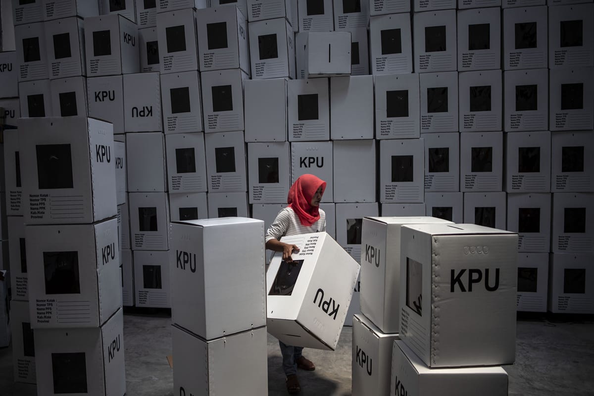 Ballot boxes in Surabaya in preparation for the 2019 Indonesian presidential and parliamentary elections (Juni Kriswanto/AFP via Getty Images)