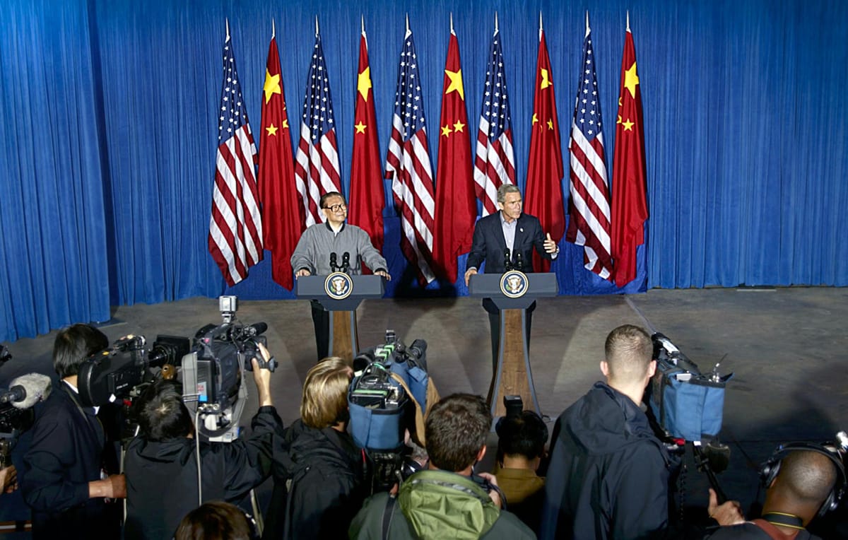 Meeting with George W. Bush in Crawford, Texas, October 2002: Jiang saw the China–US relationship as “the most important of the important” (Stephen Jaffe/AFP via Getty Images)