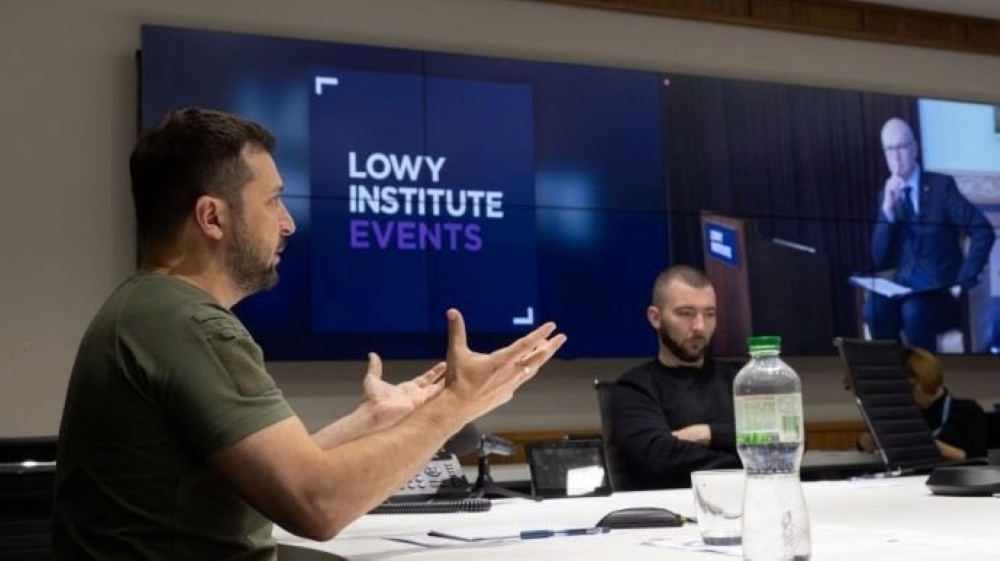 Zelenskyy and advisers in Kyiv during his address to the Lowy Institute (President of Ukraine)