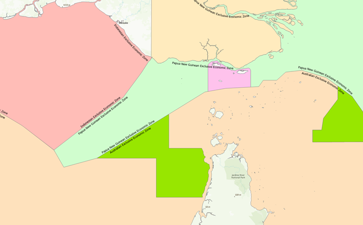 The corridor we see may be due to how the Australian (orange) and Indonesian (red) exclusive economic zones (EEZ) were defined. Generally EEZ boundaries are defined as “up to a 200 nautical mile buffer from a nation’s territorial sea”. It also seems that Australian Marine Parks (dark green) may have something to do with the location of these EEZs