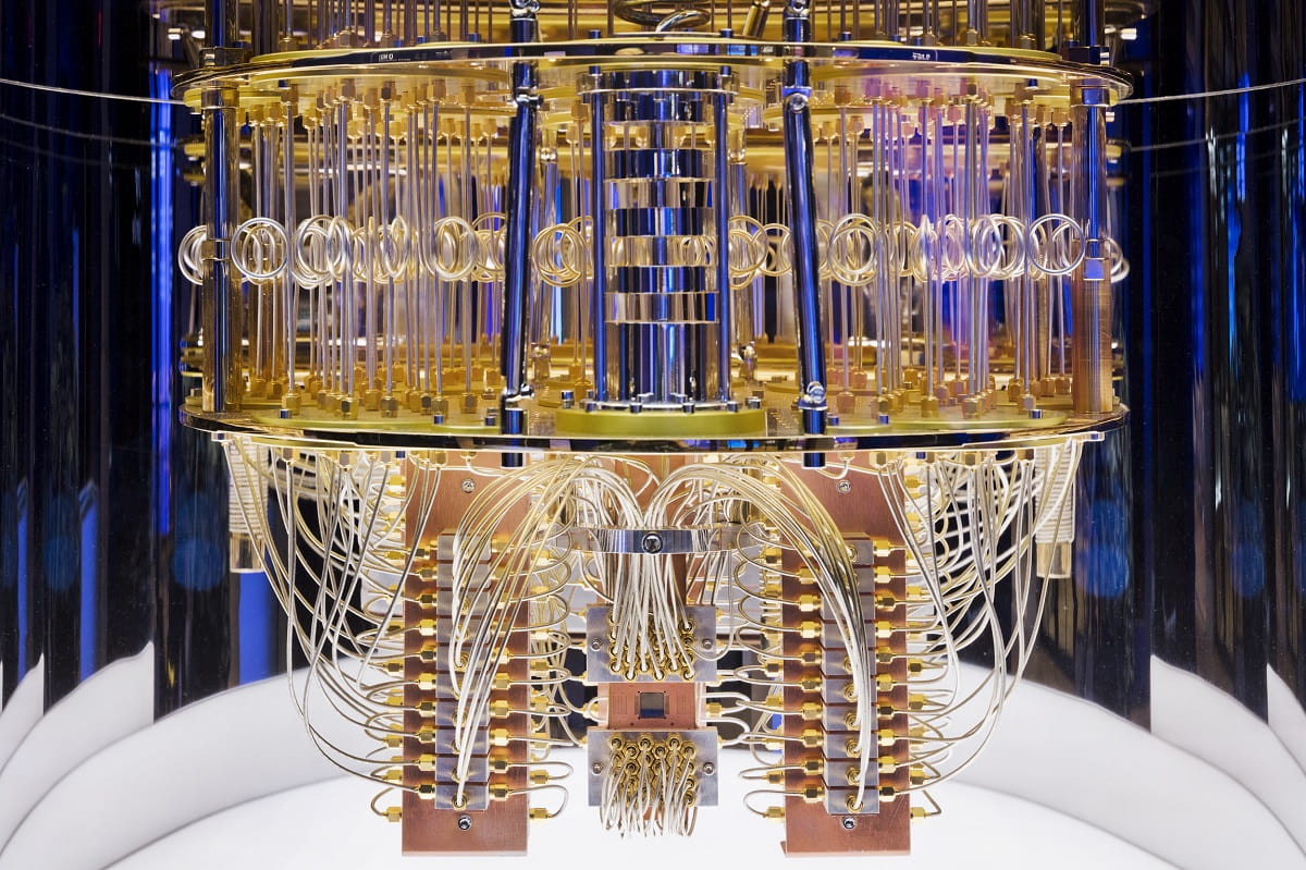 IBM Cryostat (CES 2020) Interior of an IBM Quantum System One model on display at CES 2020. (Credit: IBM)