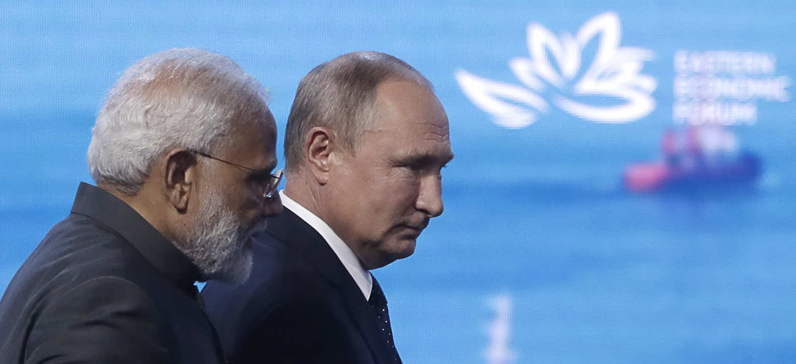 A 2019 meeting between Narendra Modi and Vladimir Putin in Vladivostok, Russia (Mikhail Metzel/TASS via Getty Images)