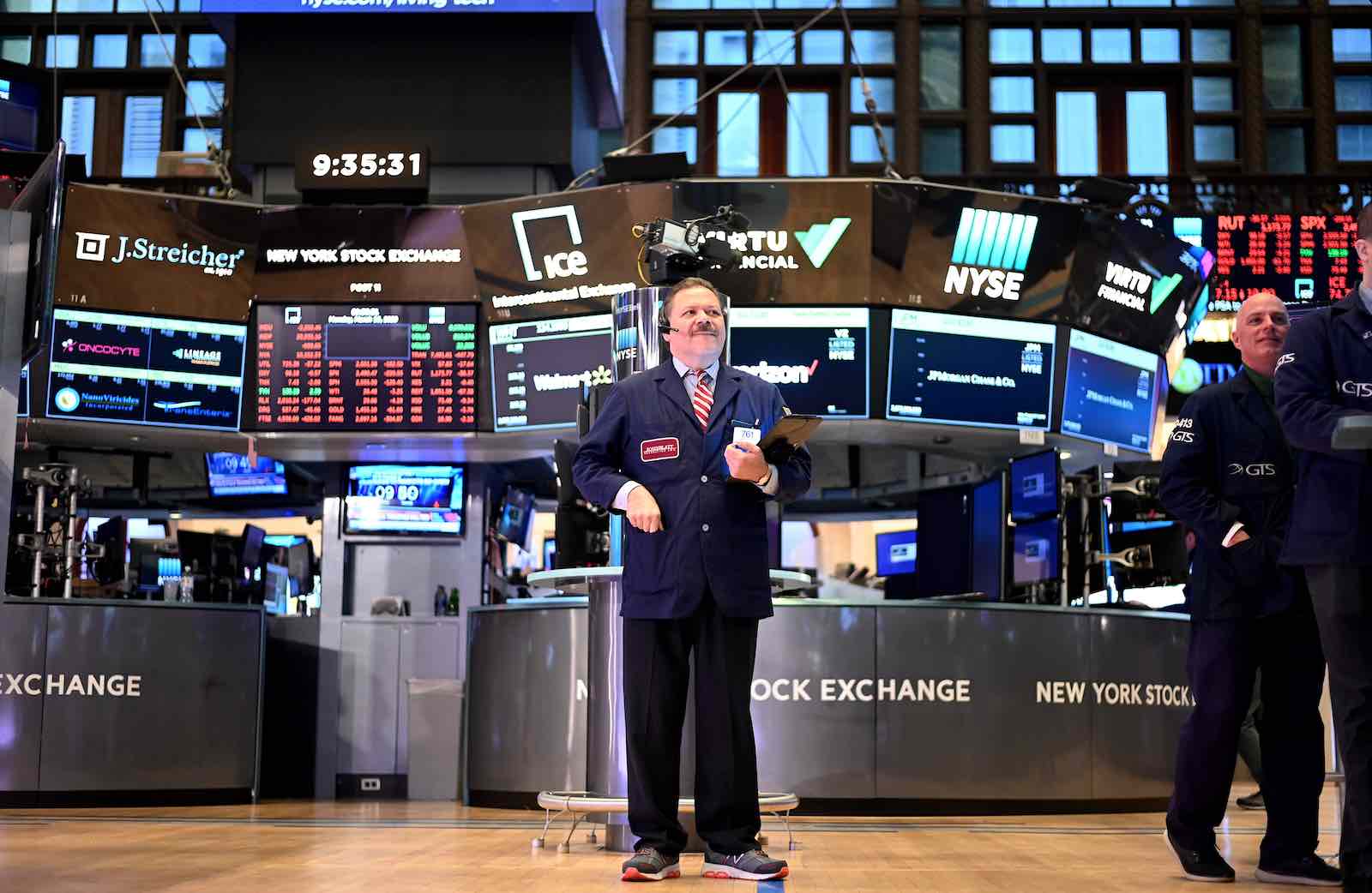 The trading floor of the New York Stock Exchange on Monday, 16 March, where trading was halted temporarily after steep losses (Johannes Eisele/AFP via Getty Images)