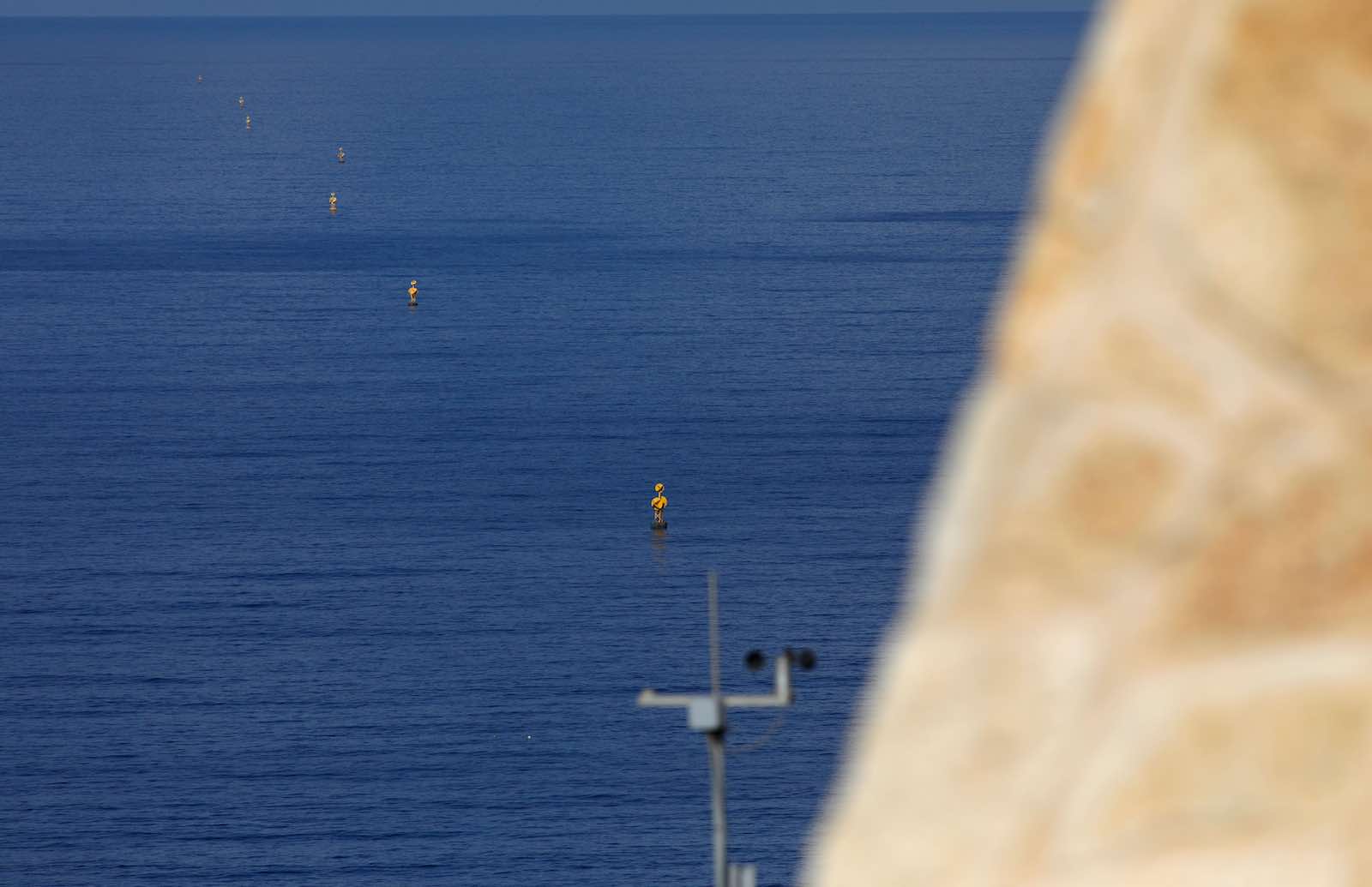 Maritime border markers near the Rosh Hanikra Crossing, also known as the Ras Al Naqoura Crossing, between Israel and Lebanon (Jalaa Marey/AFP via Getty Images)