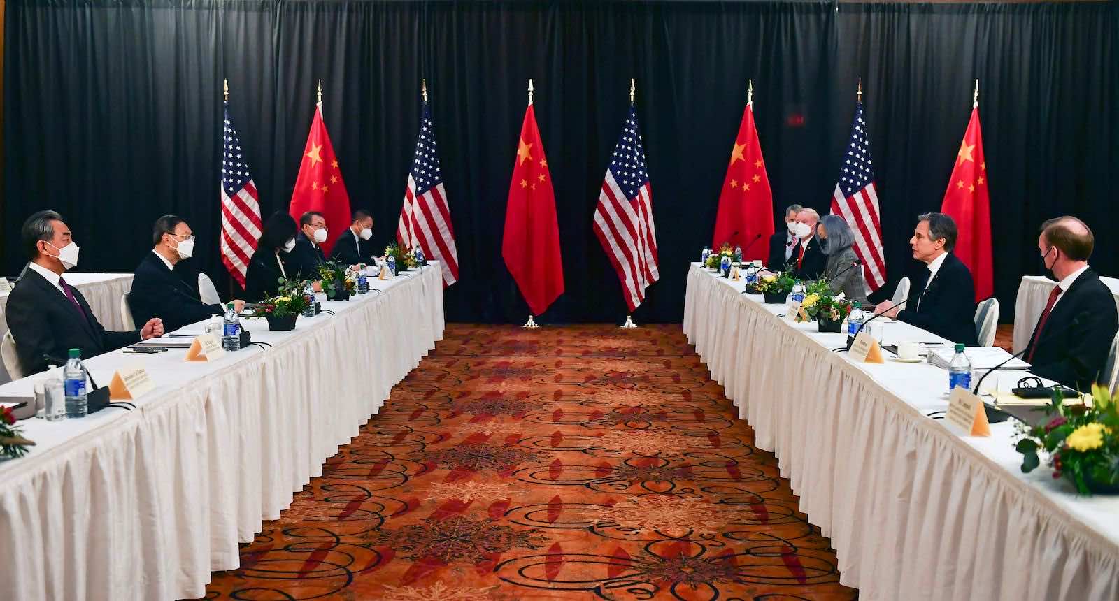 The opening session of US-China talks at the Captain Cook Hotel in Anchorage, Alaska, 18 March 2021 (Frederic J. Brown/AFP via Getty Images)