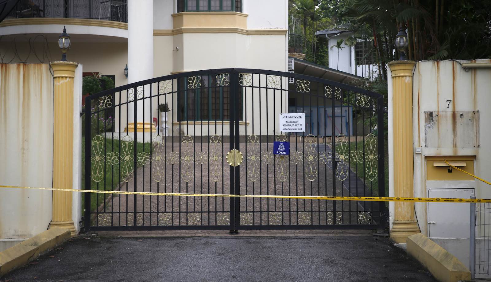 The entrance at the North Korean embassy in Kuala Lumpur is sealed off after North Korea cut diplomatic ties with Malaysia (Wong Fok Loy via Getty Images)