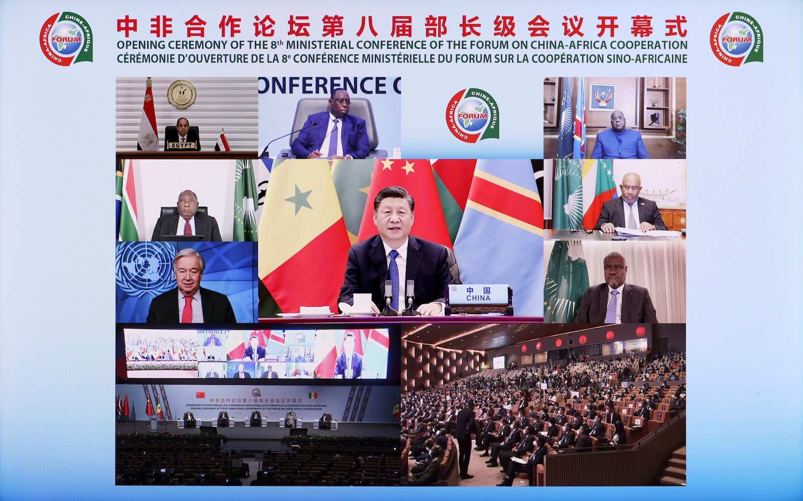 China’s President Xi Jinping speaking at the opening of the Forum on China-Africa Cooperation via video link from Beijing (Liu Bin/Xinhua via Getty Images)