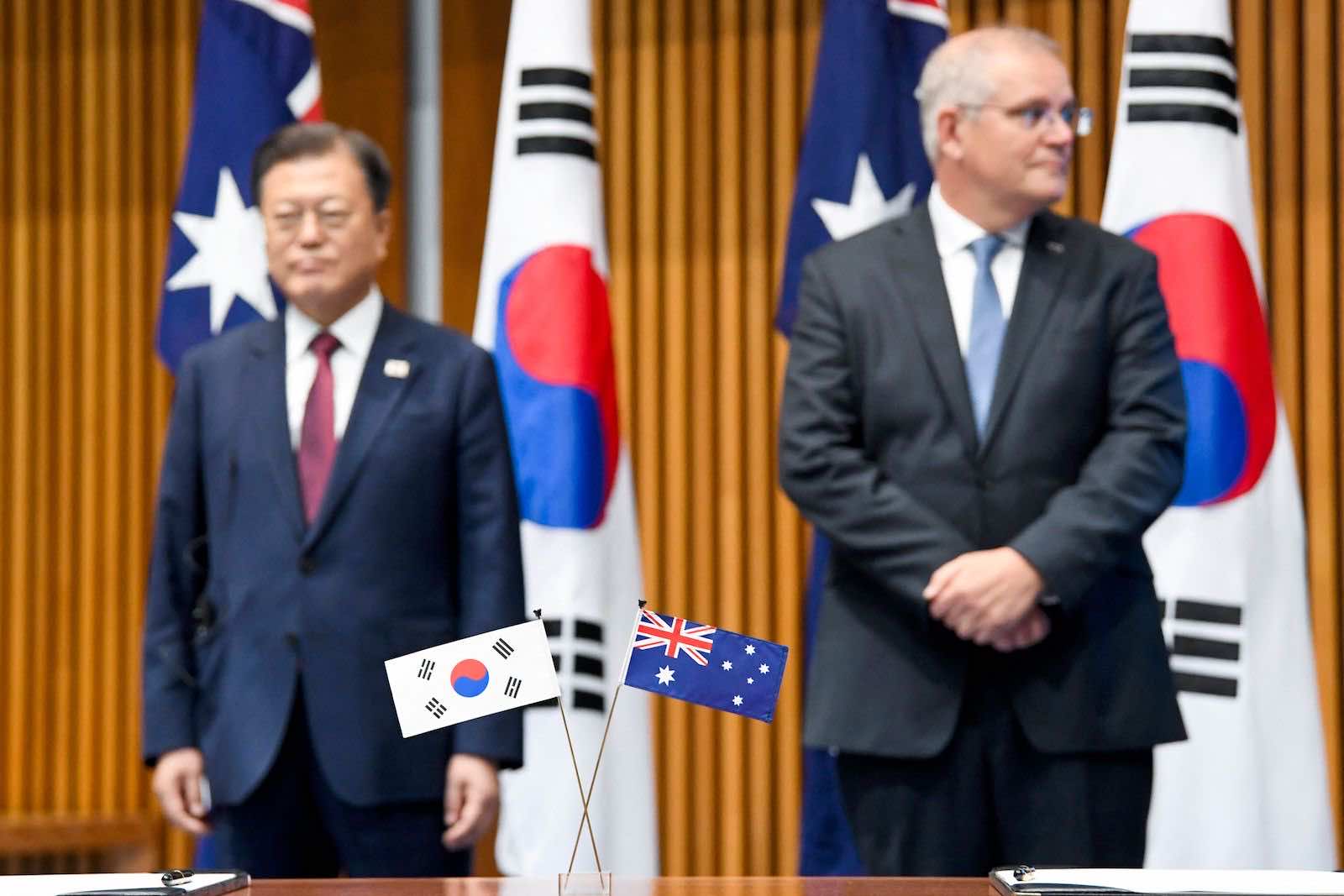 South Korean President Moon Jae-in and Australian Prime Minister Scott Morrison at Parliament House in Canberra last month (Lukas Coch/AFP via Getty Images)