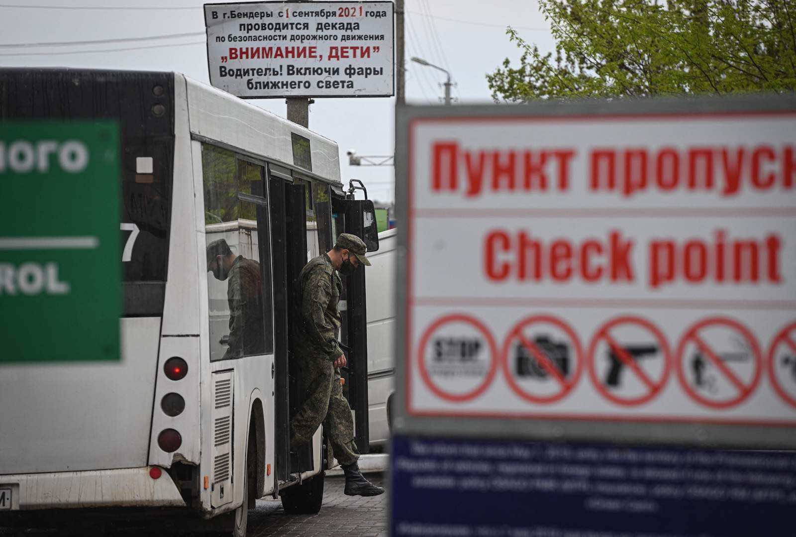 Checking passengers entering the self-proclaimed “Moldovan Republic of Transnistria” at Varnita border point with Moldova on 28 April (Daniel Mihailescu/AFP via Getty Images)