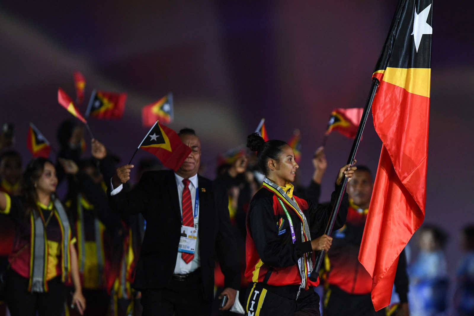 The Timor-Leste contingent during the opening ceremony of the 31st Southeast Asian Games at the My Dinh National Stadium in Hanoi on 12 May (Nhac Nguyen/AFP via Getty Images)