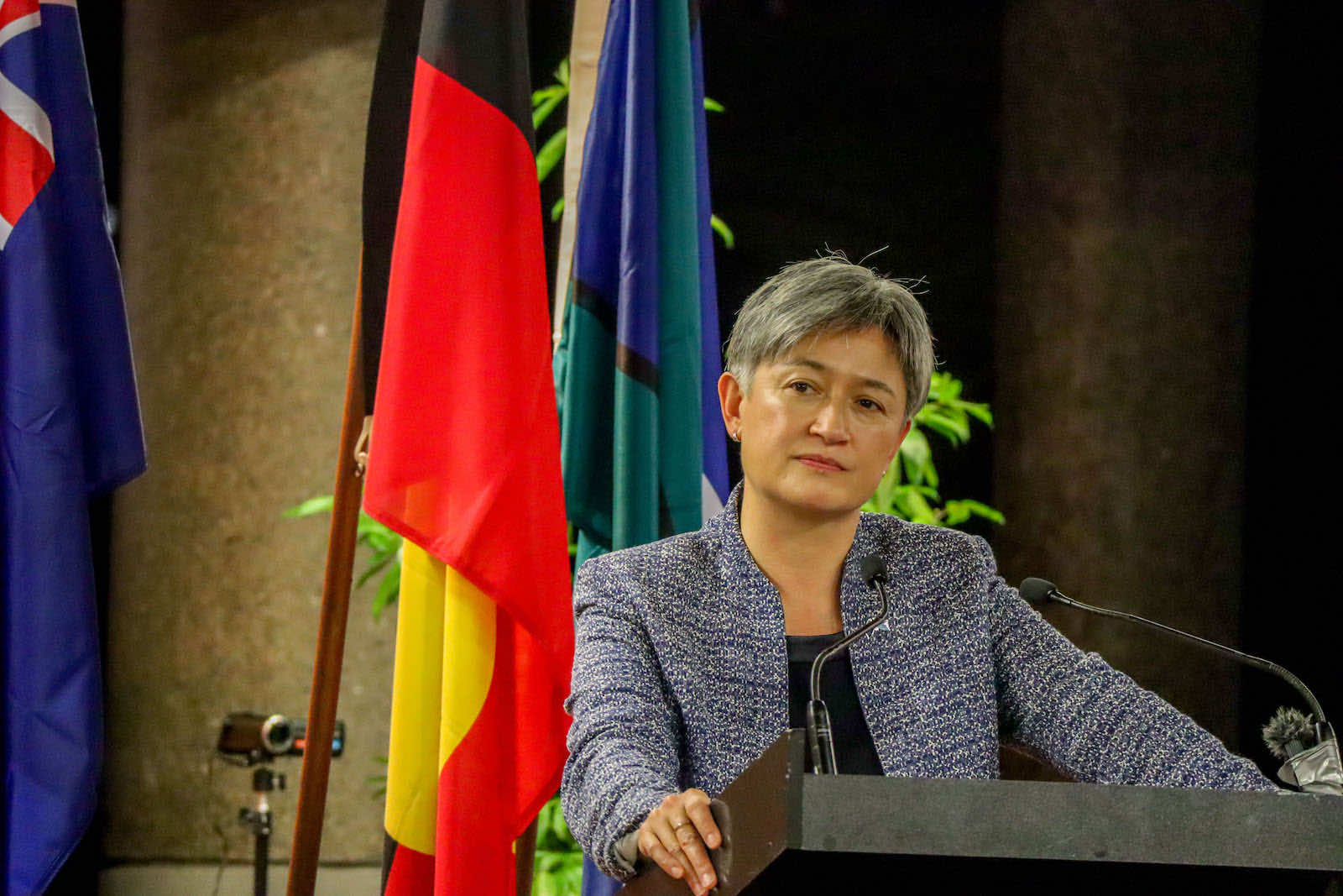 Foreign Minister Penny Wong gives a speech at the Pacific Island Forum on 26 May in Suva, Fiji (Pita Simpson/Getty Images)