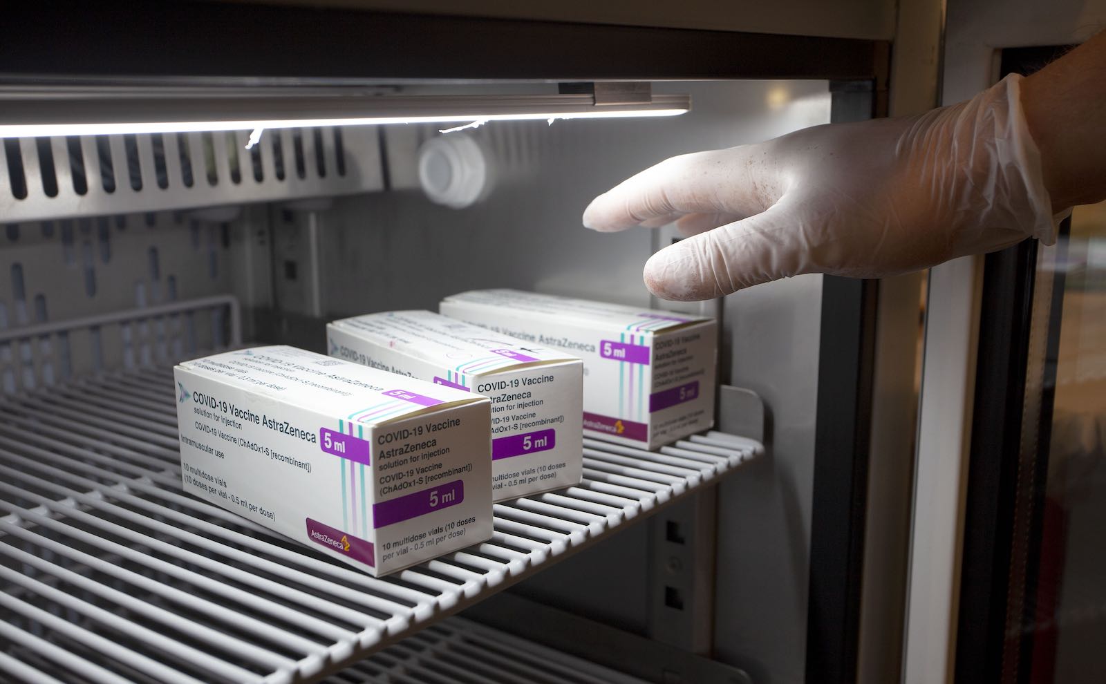 AstraZeneca vaccine boxes in a refrigerator in Bari, Italy, 9 March (Donato Fasano/Getty Images)