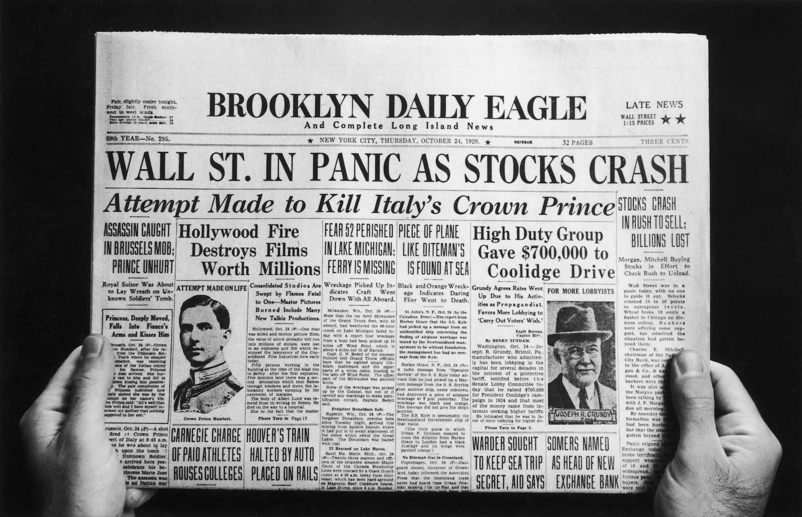 The front page of the Brooklyn Daily Eagle newspaper the day after what became known as Black Thursday, 24 October 1929, and the beginning of the Great Depression (Hulton Archive/Getty Images)