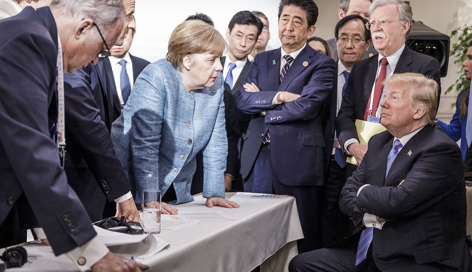 The photo that had the internet buzzing: German Chancellor Angela Merkel and US President Donald Trump on 9 June at La Malbaie, Canada (Photo: Jesco Denzel via Getty)
