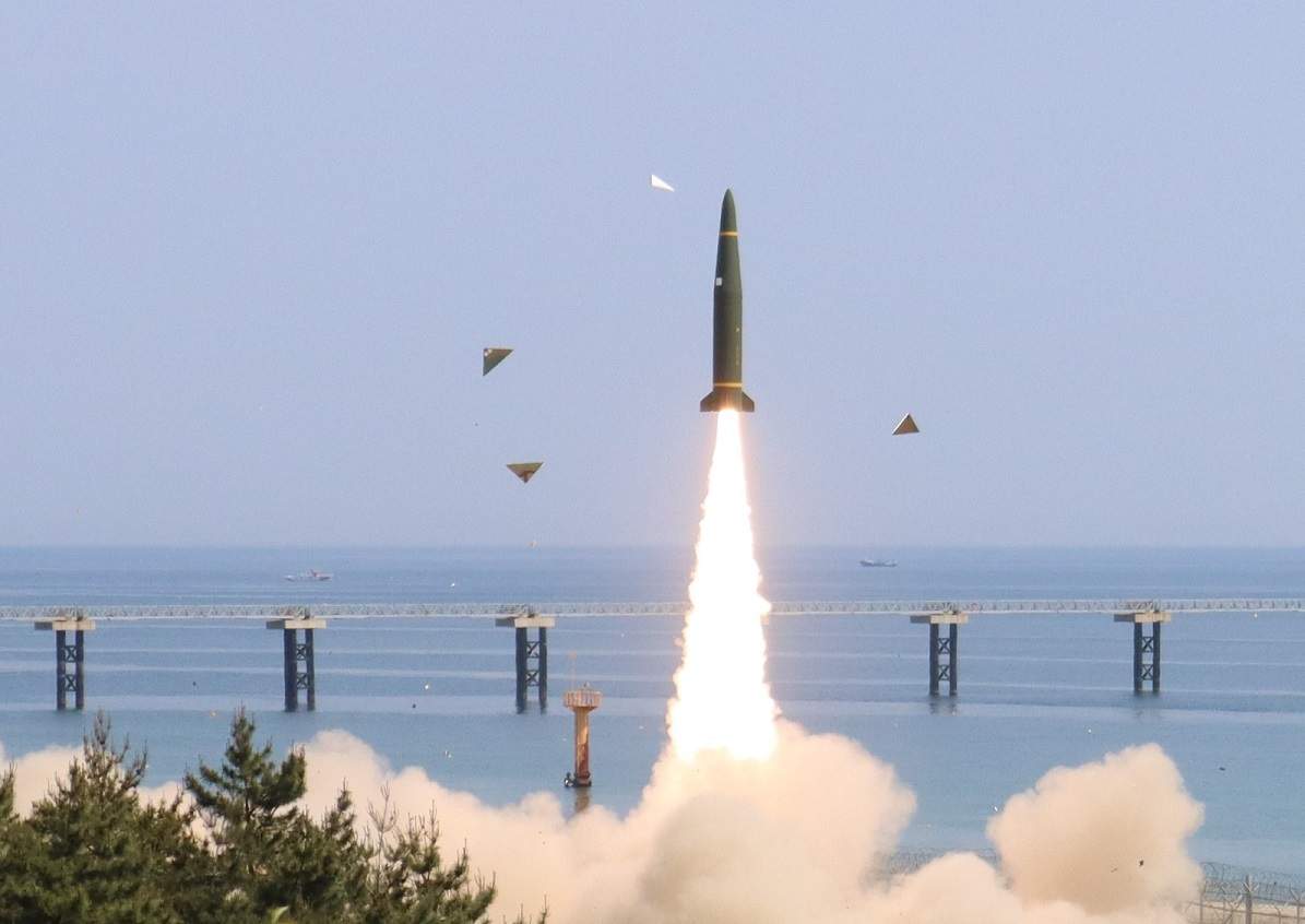A ground-to-ground missile is fired during a joint US and South Korea training exercise on 25 May, following a test by North Korea of three ballistic missiles fired into the East Sea (South Korean Defence Ministry via Getty Images)