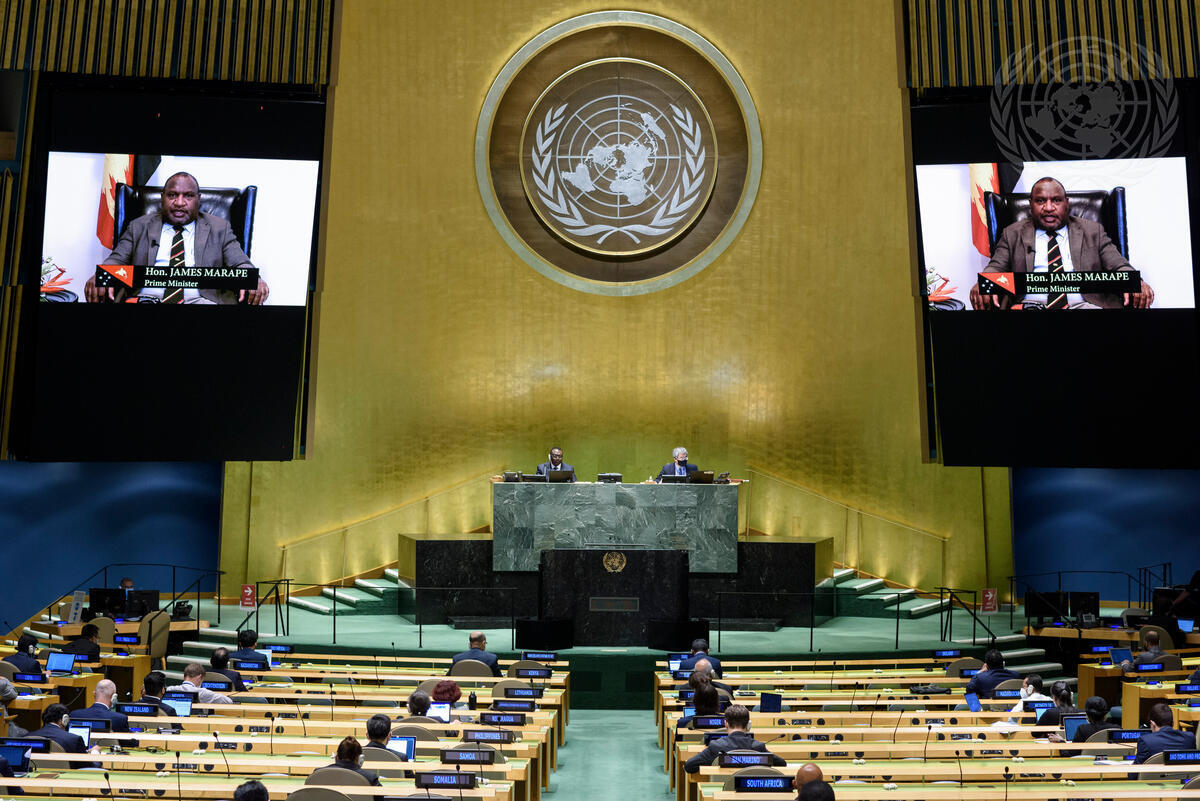 PNG Prime Minister James Marape appearing virtually the annual UN General Assembly in 2020 (Loey Felipe/UN Photo)