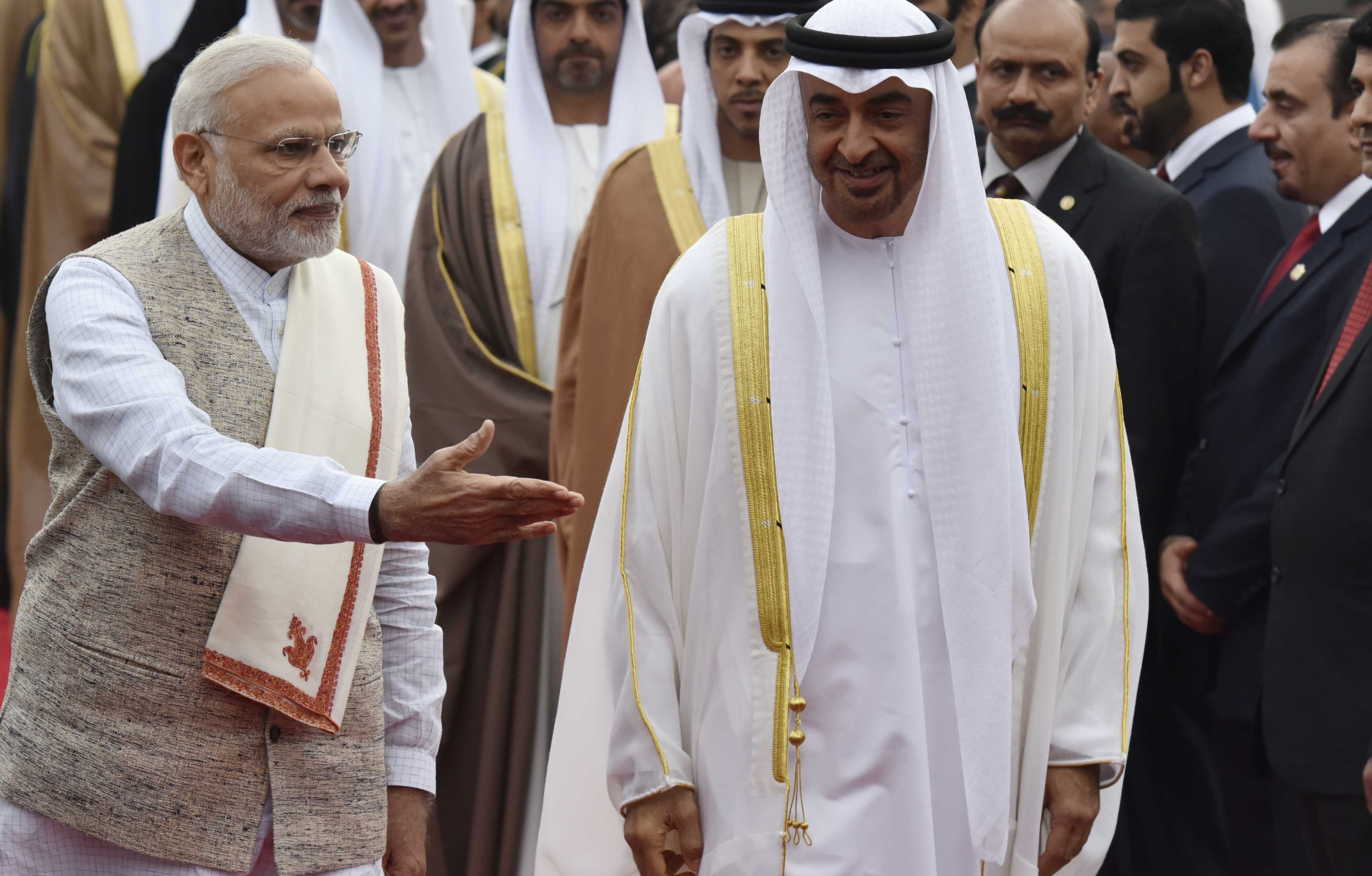 Indian PM Narendra Modi and UAE Armed Forces' deputy supreme commander Mohammed bin Zayed Al Nahyan (Photo: Getty Images/Hindustan Times)