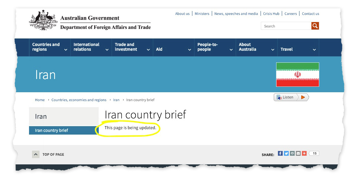Screenshot of DFAT website shows Iran page being updated