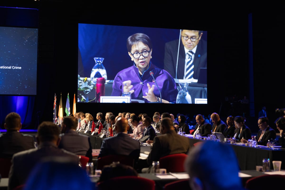 Indonesian Foreign Minister Retno Marsudi addressing the Conference of the Bali Process on People Smuggling, Trafficking in Persons and Related Transnational Crime in October 2023 (Sarah Hodges/DFAT)