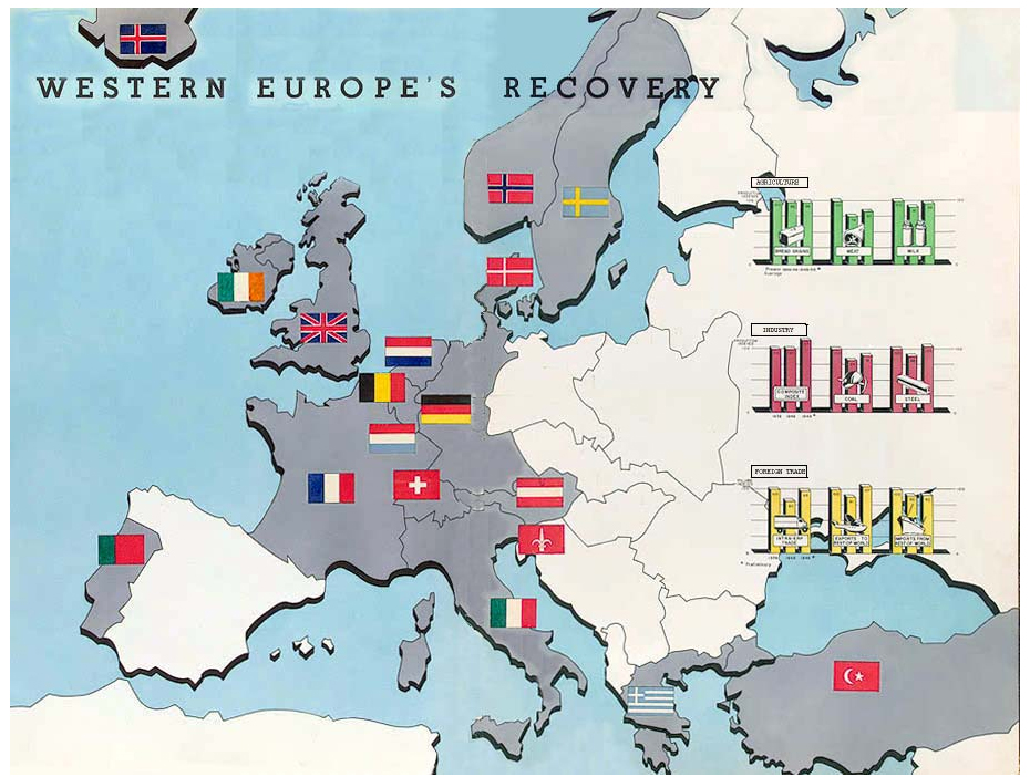 A map shows the countries that were part of the postwar Marshall Plan (US Embassy The Hague)