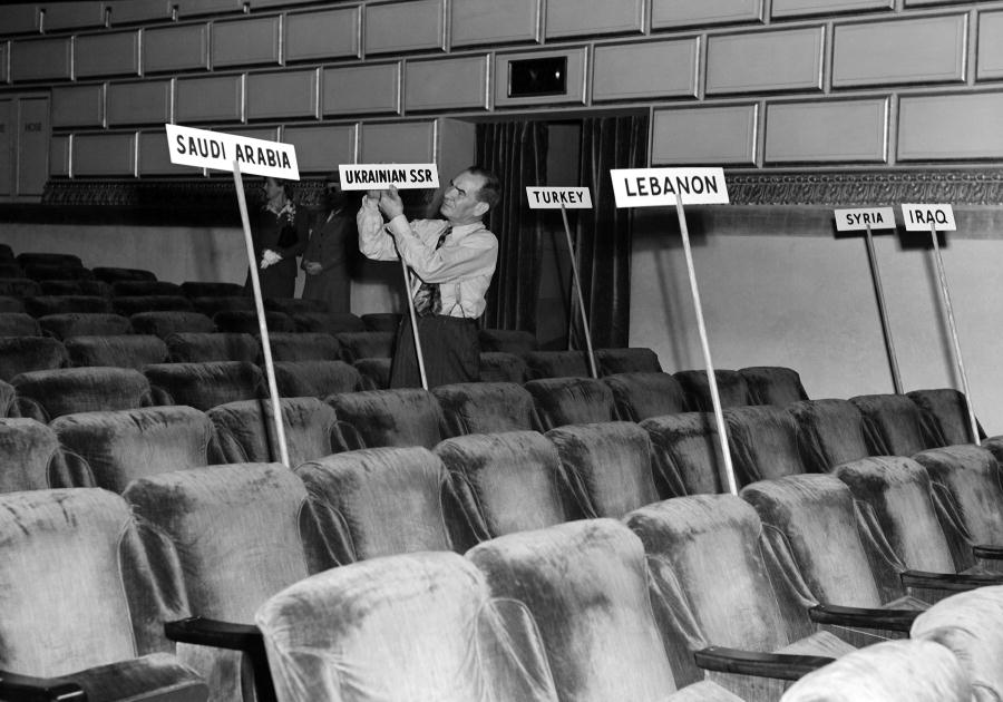 Setting up the seating arrangements for the delegates of 50 nations at the 1945 meeting in San Francisco which led to creation of the United Nations (McLain/UN Photo)