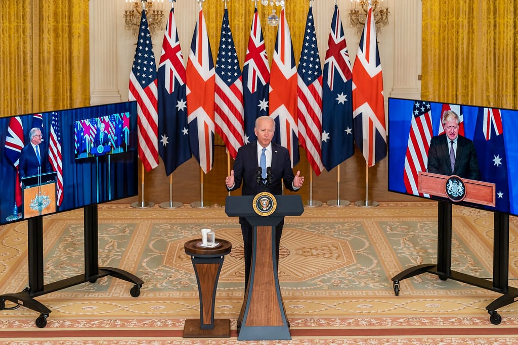 AUKUS announced: US President Joe Biden delivers remarks in a virtual press statement with Australia's Scott Morrison and the United Kingdom's Boris Johnson (Cameron Smith/White House/Flickr)