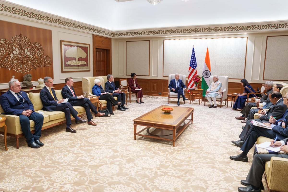 US President Joe Biden and Indian Prime Minister Narendra Modi with senior officials meeting on the sidelines of the G20 in September (Adam Schultz/White House Photo)