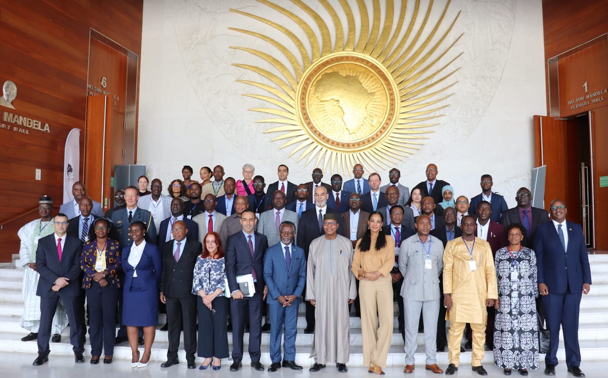 Officials gather outside the Nelson Mandela Plenary Hall in the African Union Headquarters, Addis Ababa, Ethiopia, in November 2023 (UNOAU/Sandra Barrows)