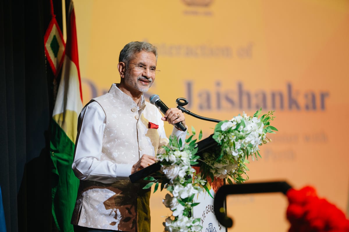 External Affairs Minister S. Jaishankar addressing the Indian community in Perth in February (MEA/Flickr)