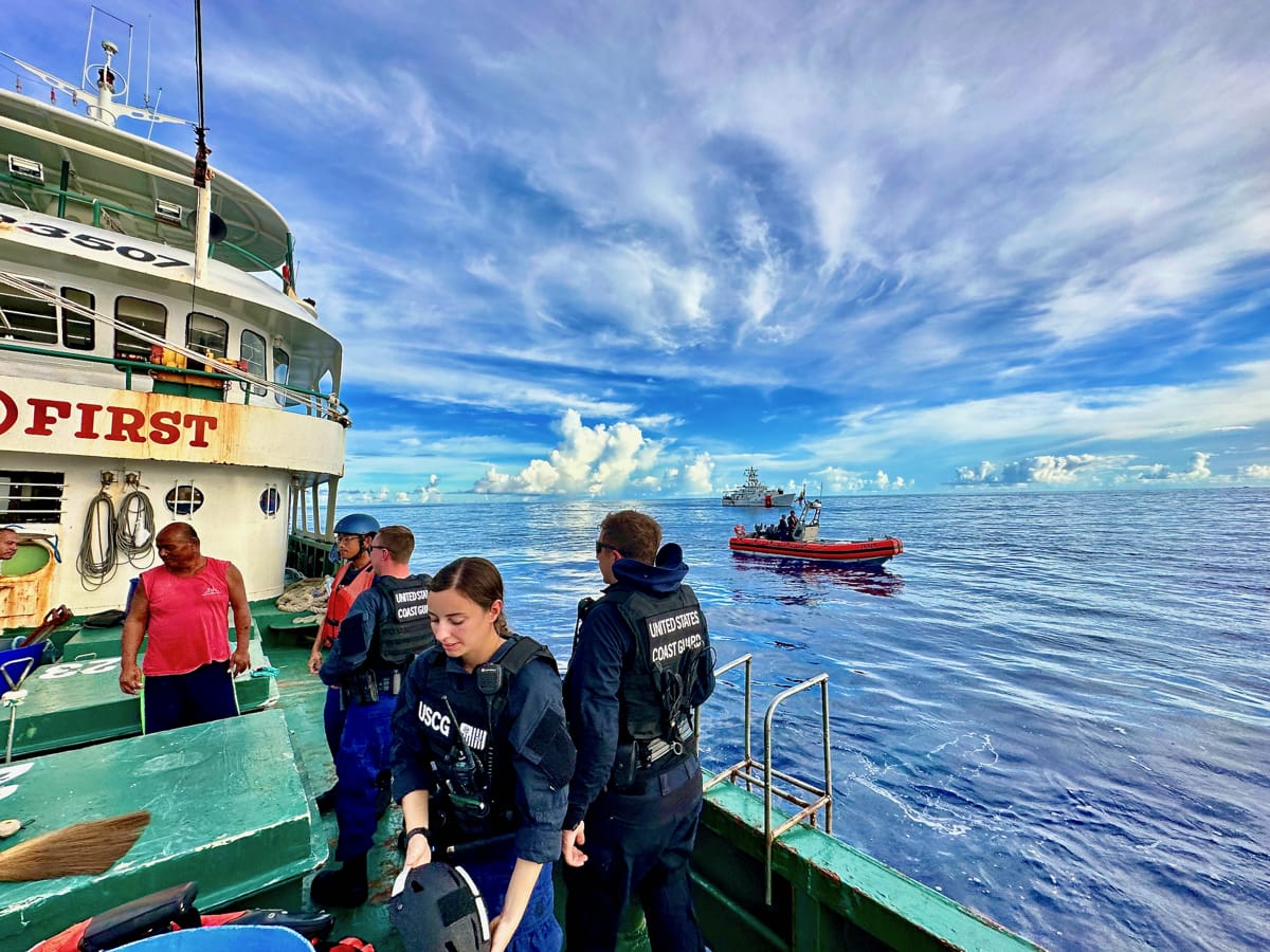 US Coast Guard board a Philippine-flagged vessel during patrols related to illegal, unreported and unregulated fishing (Sara Muir/US Coast Guard)