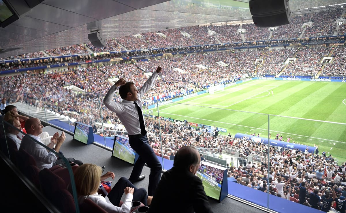 French President Emmanuel Macron at the 2018 Football World Cup final in Sochi, Russia, when France beat Croatia 4-2 (Kremlin)