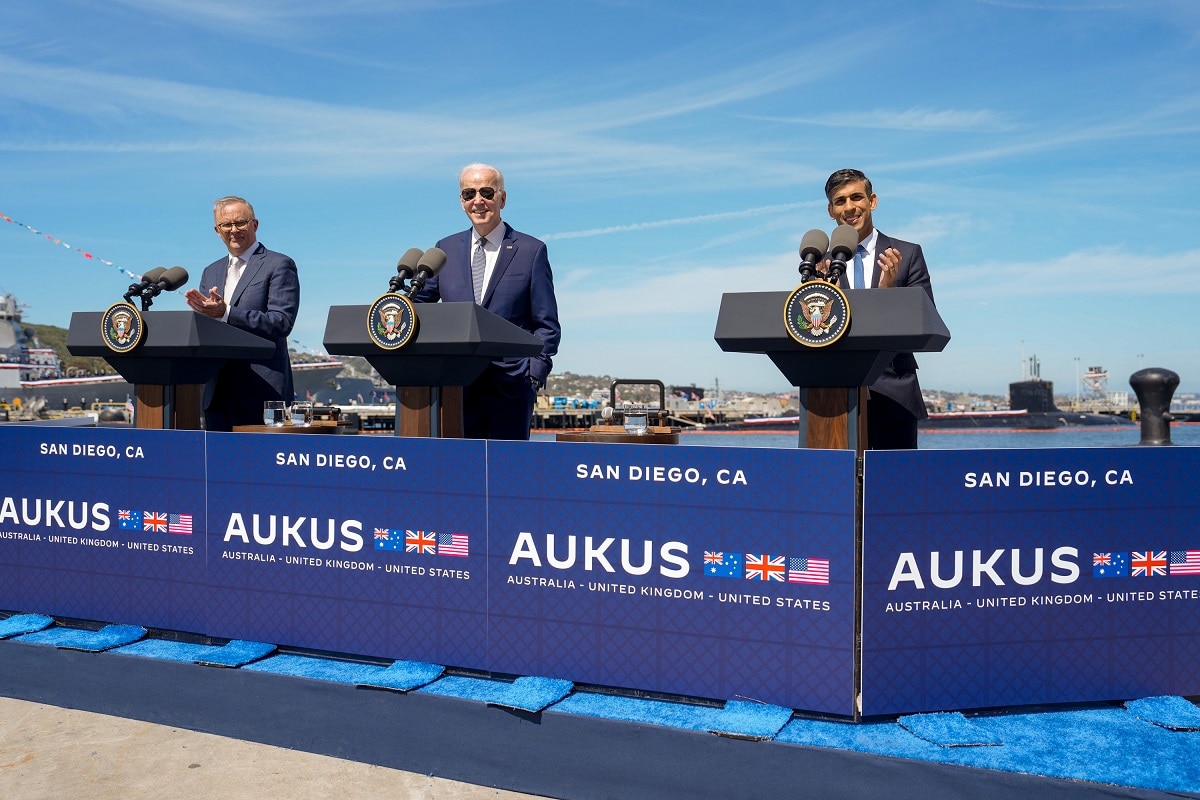 President Joe Biden delivers remarks on the Australia-United Kingdom-United States (AUKUS) partnership with U.K. Prime Minister Rishi Sunak, right, and Australian Prime Minister Anthony Albanese, Monday, March 13, 2023, at Sierra Pier at Point Loma Naval Base in San Diego, California. (Official White House Photo by Adam Schultz)
