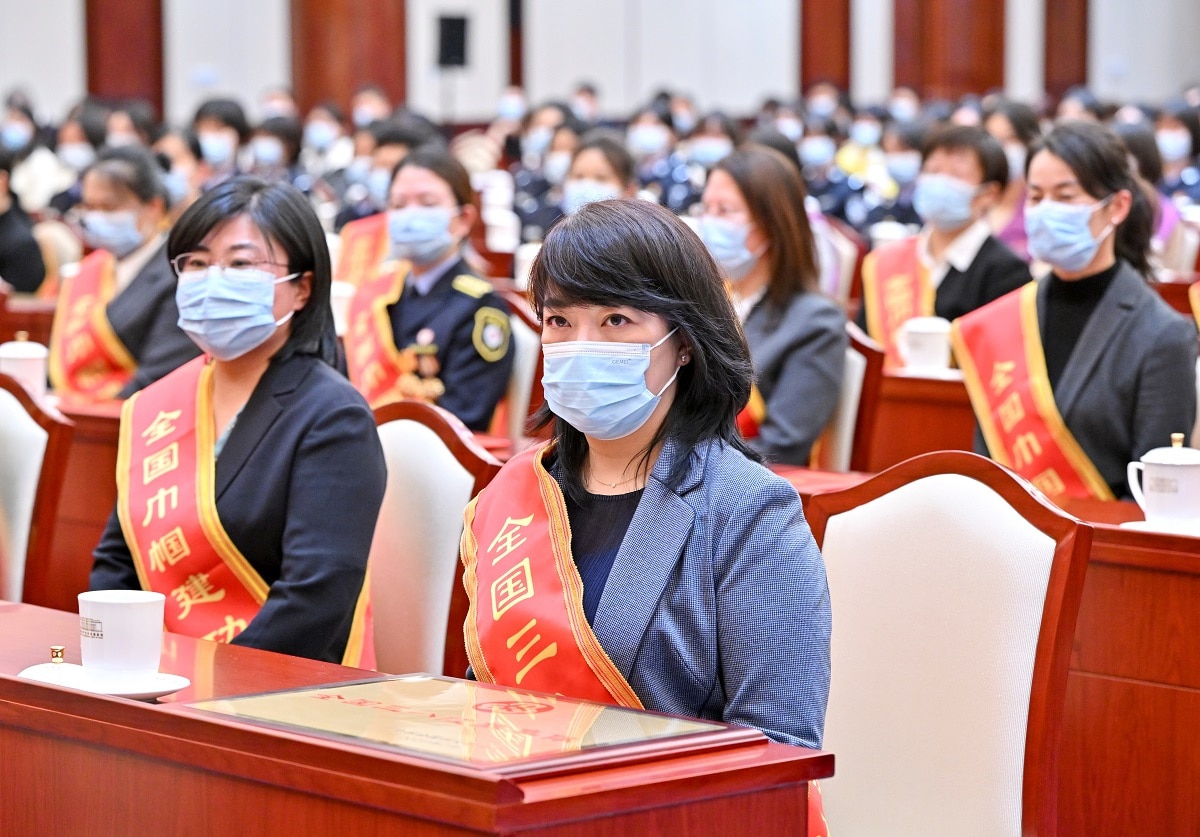 The All-China Women's Federation holds a meeting to mark International Women's Day and honor China's female role models in Beijing, capital of China, March 1, 2023. (Photo by Gao Jie/Xinhua via Getty Images)