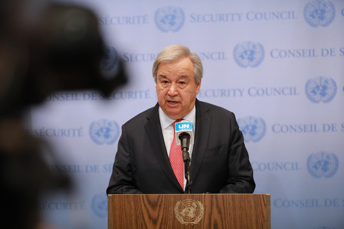 UN Secretary-General Antonio Guterres speaks to the press outside the Security Council Chamber at the UN headquarters in New York, July 17, 2023. Guterres on Monday said he regretted Russia's decision to withdraw from the Black Sea Grain Initiative. (Photo by Xie E/Xinhua via Getty Images)