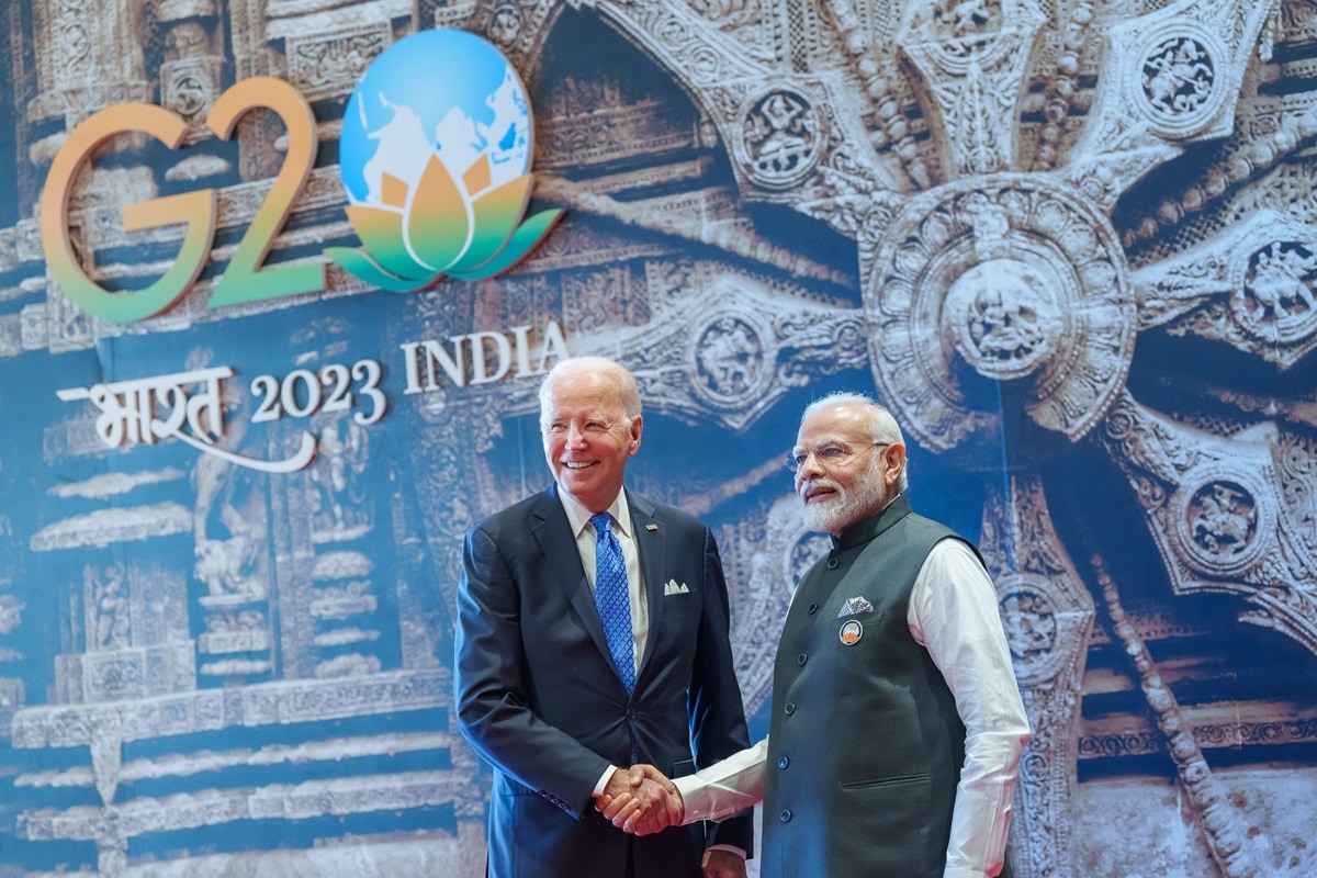 President Joe Biden greets Prime Minister of India Narendra Modi for an official handshake photo, Saturday, September 9, 2023 as he arrives for the G20 Leaders’ Summit at the Bharat Mandapam International Exhibition-Convention Center in New Delhi. (Official White House Photo by Adam Schultz)