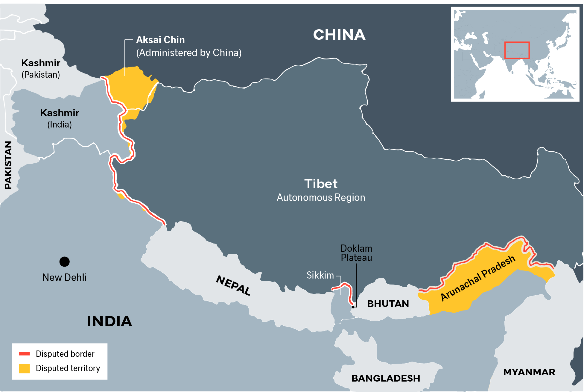 The China‒India border region and disputed territory.