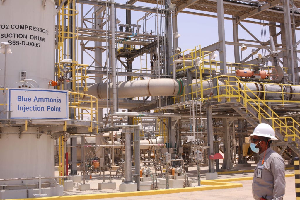 The blue ammonia injection point compressor at the Hawiyah Natural Gas Liquids Recovery Plant, operated by Saudi Aramco, in Hawiyah, Saudi Arabia (Maya Siddiqui/Bloomberg via Getty Images)