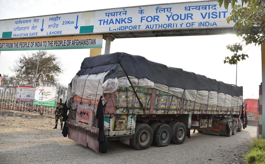 A truck carrying wheat from India bound for Afghanistan passes through the Attari-Wagah border between India and Pakistan in February 2022 (Sameer Sehgal/Hindustan Times via Getty Images)