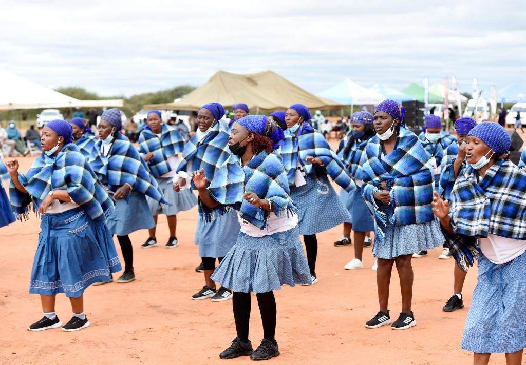 A performance marking Botswana’s National Culture Day in Mochudi, Kgatleng District, Botswana, on 21 May 2022, celebrating the theme “Culture Is My Business” (Tshekiso Tebalo/Xinhua via Getty Images)