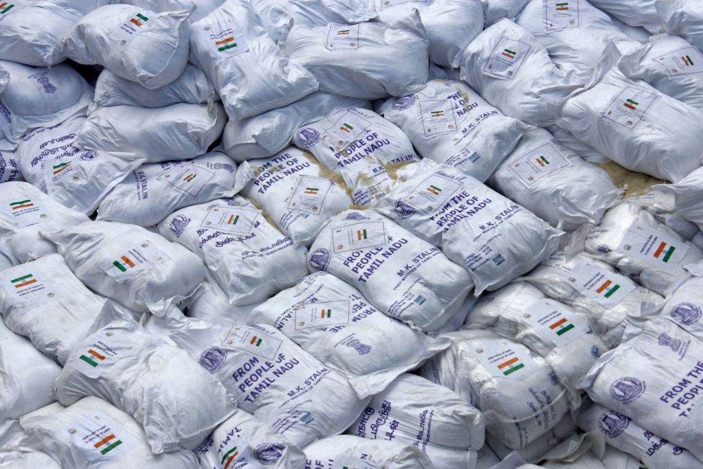 A consignment of humanitarian aid at a port in Colombo supplied by India to Sri Lanka to relieve the country’s crippling economic crisis (AFP via Getty Images)