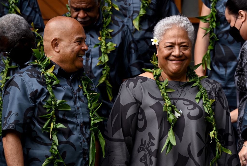 Samoa prime minister Fiamē Naomi Mataʻafa (right at the Pacific Islands Forum in Suva on 14 July (William West/AFP via Getty Images)