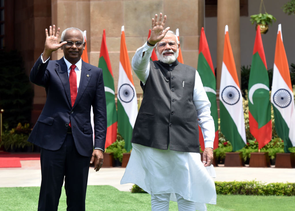 President of Maldives Ibrahim Mohamed Solih, left, with Indian Prime Minister Narendra Modi in Delhi last year ( Sonu Mehta/Hindustan Times via Getty Images)