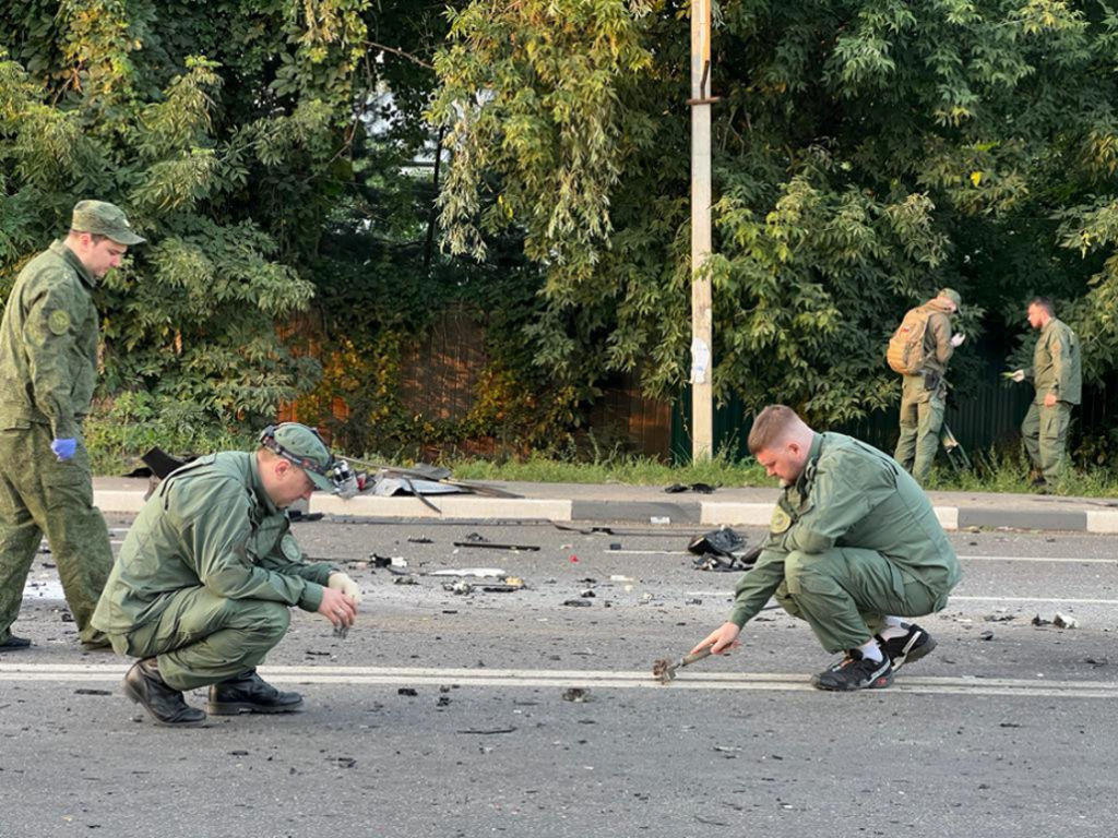 A handout photo said to be the scene of a car explosion on Mozhayskoye highway in Moscow that killed Darya Dugina, daughter of Alexander Dugin (Russian Investigative Committee/Anadolu Agency via Getty Images)