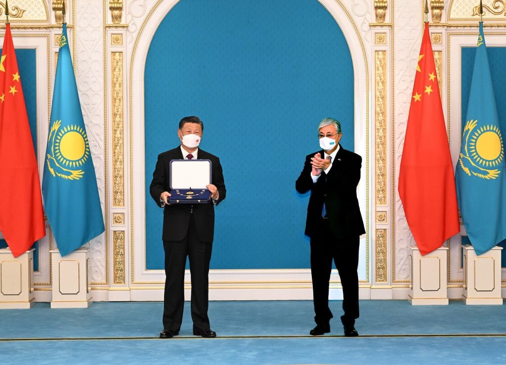 President Xi Jinping receives the Order of the Golden Eagle, or "Altyn Qyran" Order, awarded by Kazakh President Kassym-Jomart Tokayev at the Ak Orda Presidential Palace in Nur-Sultan, Kazakhstan, 14 September (Rao Aimin/Xinhua via Getty Images)