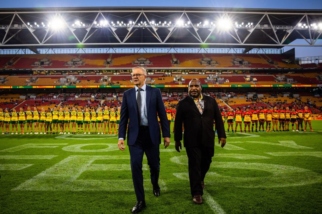 Papua New Guinea's Prime Minister James Marape, right, and Australia's Prime Minister Anthony Albanese ahead of the international women's rugby league match between Australia and Papua New Guinea at the Suncorp Stadium in Brisbane, 2022 (Patrick Hamilton/AFP via Getty Images)