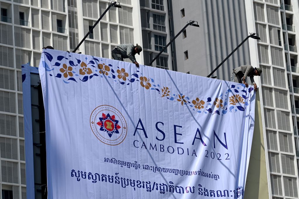 Banners for the upcoming ASEAN summit in Phnom Penh (Tang Chhin Sothy/AFP via Getty Images)